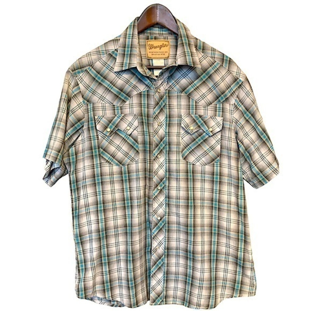 Wrangler Western Fashion Snap Front Shirt Large Short Sleeve Black & Blue Plaid